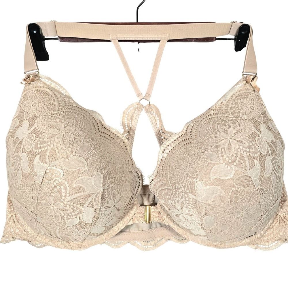 Cacique Boost Plunge Front Close Lace T-Back Bra Beige 42DDD A83532